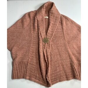 Arden B Pink Chunky Knit Shawl Collar Cardigan Rhinestone Brooch Medium